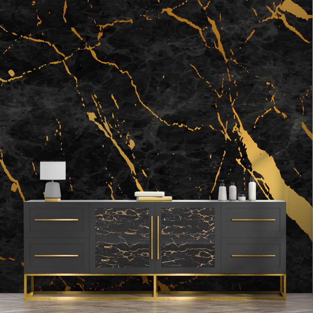 Black and Gold Marble Wallpaper : Gold Paint on Dark Concrete Mural