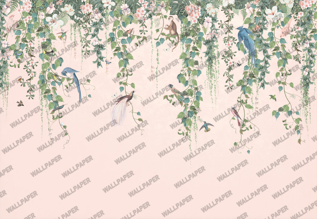Hanging Vines Wallpaper : Pink Tropical Creatures Mural - flat design