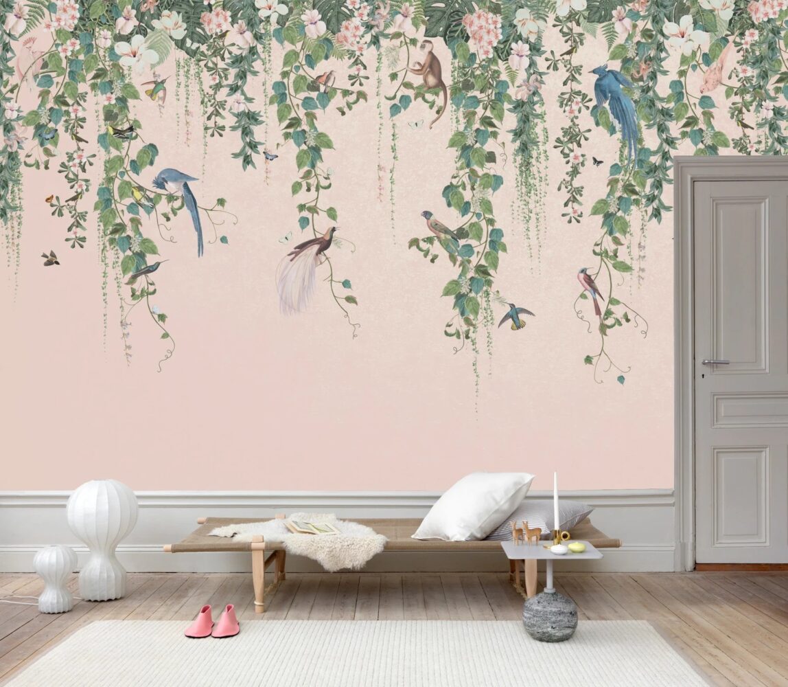 Hanging Vines Wallpaper : Pink Tropical Creatures Mural - View 4