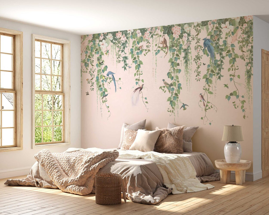 Hanging Vines Wallpaper : Pink Tropical Creatures Mural - View 3