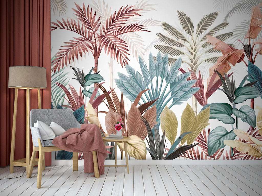 Colorful Tropical Wallpaper : Teal and Terracotta Leaves Mural