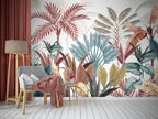 Colorful Tropical Wallpaper : Teal and Terracotta Leaves Mural