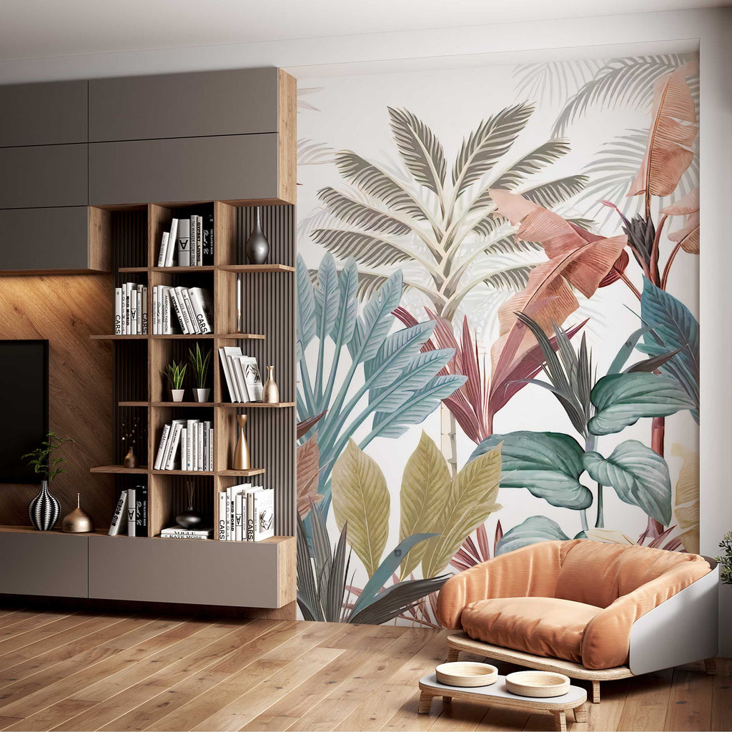 Colorful Tropical Wallpaper : Teal and Terracotta Leaves Mural - View 3