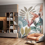 Colorful Tropical Wallpaper : Teal and Terracotta Leaves Mural - View 3