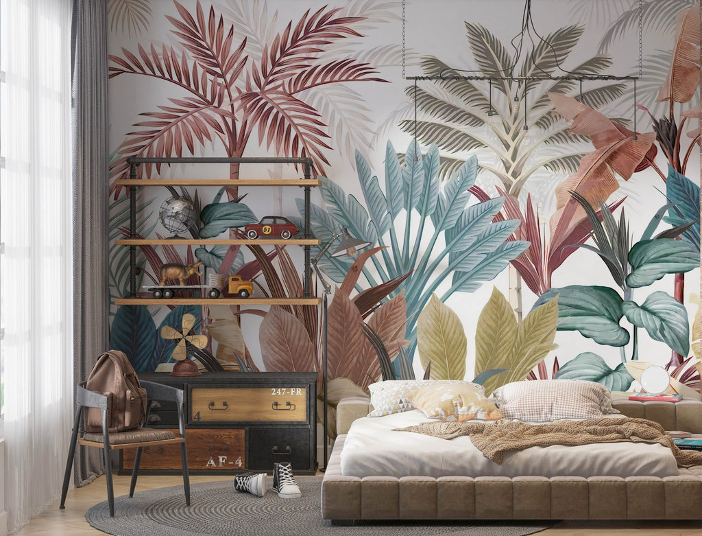Colorful Tropical Wallpaper : Teal and Terracotta Leaves Mural - View 4