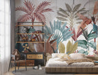 Colorful Tropical Wallpaper : Teal and Terracotta Leaves Mural - View 4