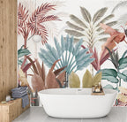 Colorful Tropical Wallpaper : Teal and Terracotta Leaves Mural - View 5