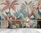 Colorful Tropical Wallpaper : Teal and Terracotta Leaves Mural - View 6
