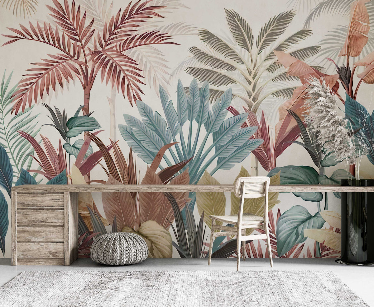 Colorful Tropical Wallpaper : Teal and Terracotta Leaves Mural - View 6