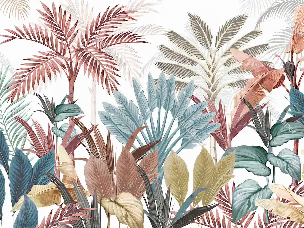 Colorful Tropical Wallpaper : Teal and Terracotta Leaves Mural - View 2