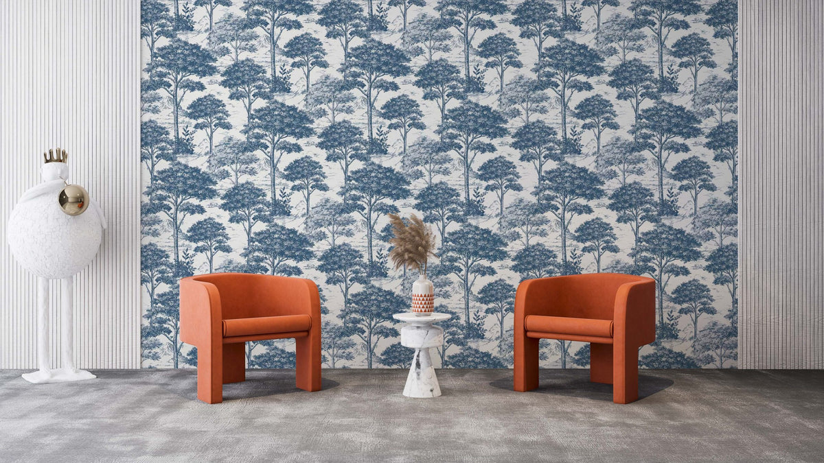 Scandinavian Blue Trees Wallpaper : Toile Forest Pattern - View 3