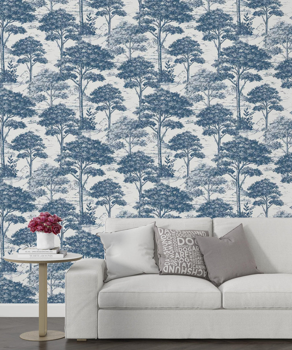 Scandinavian Blue Trees Wallpaper : Toile Forest Pattern - View 4