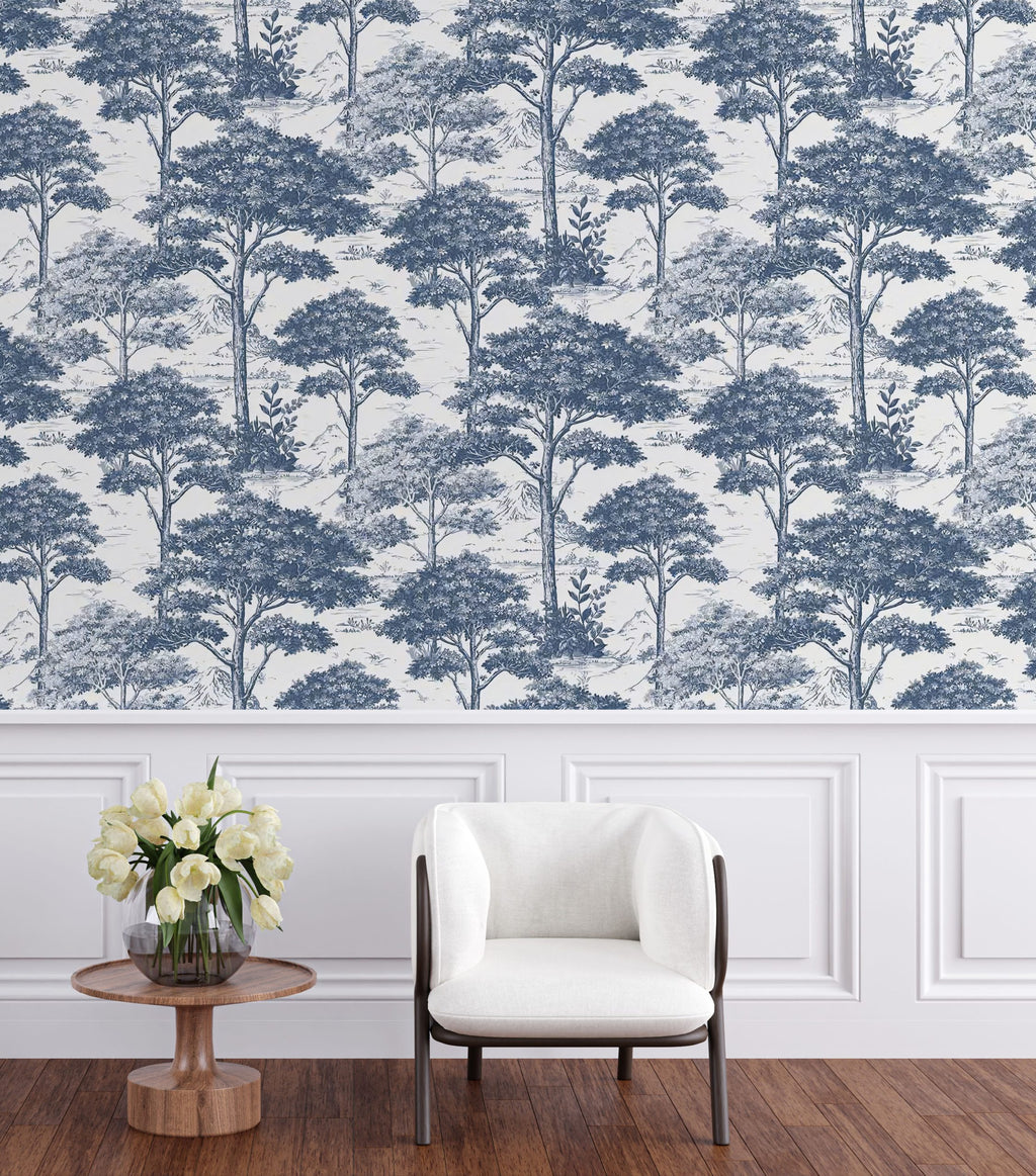 Scandinavian Blue Trees Wallpaper : Toile Forest Pattern - View 5
