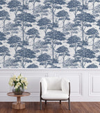 Scandinavian Blue Trees Wallpaper : Toile Forest Pattern - View 5