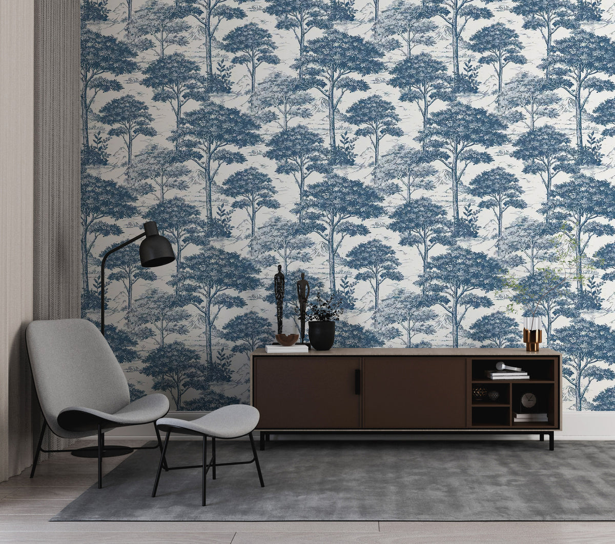 Scandinavian Blue Trees Wallpaper : Toile Forest Pattern