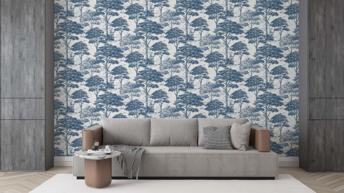 Scandinavian Blue Trees Wallpaper : Toile Forest Pattern - View 6