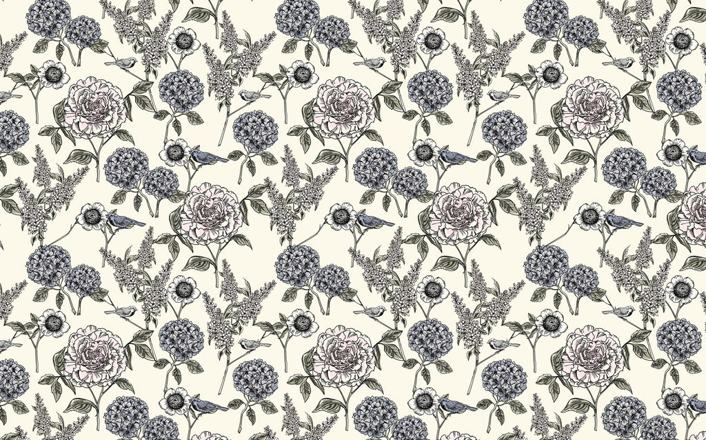 Hydrangea and Bird Wallpaper : Navy Sketch Floral Pattern Mural - flat design