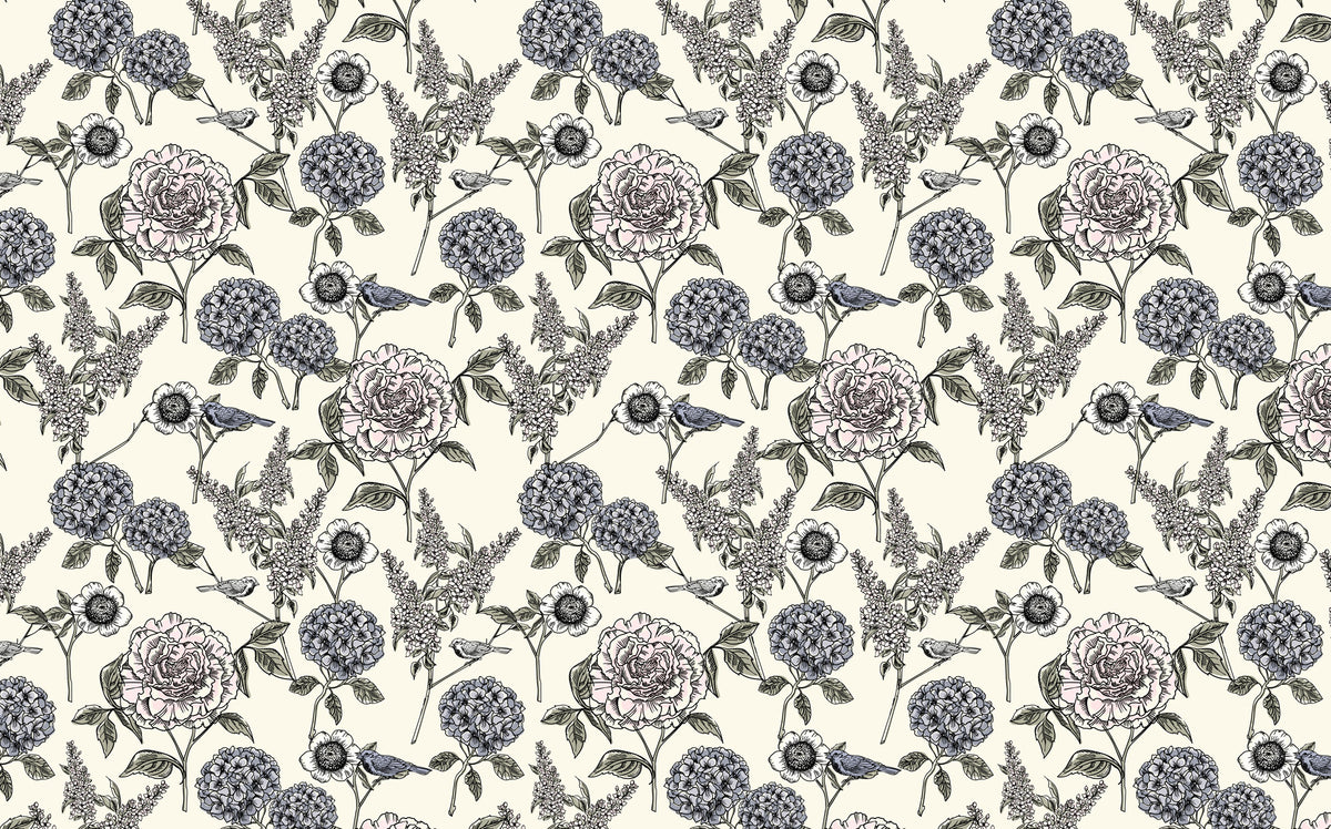 Hydrangea and Bird Wallpaper : Navy Sketch Floral Pattern Mural - flat design