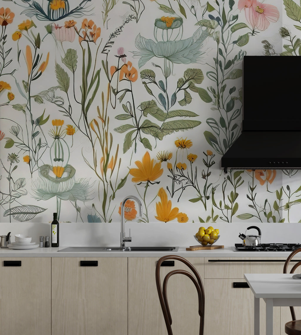 Wildflowers and Leaves Wallpaper : Bright Botanical Mural - View 3