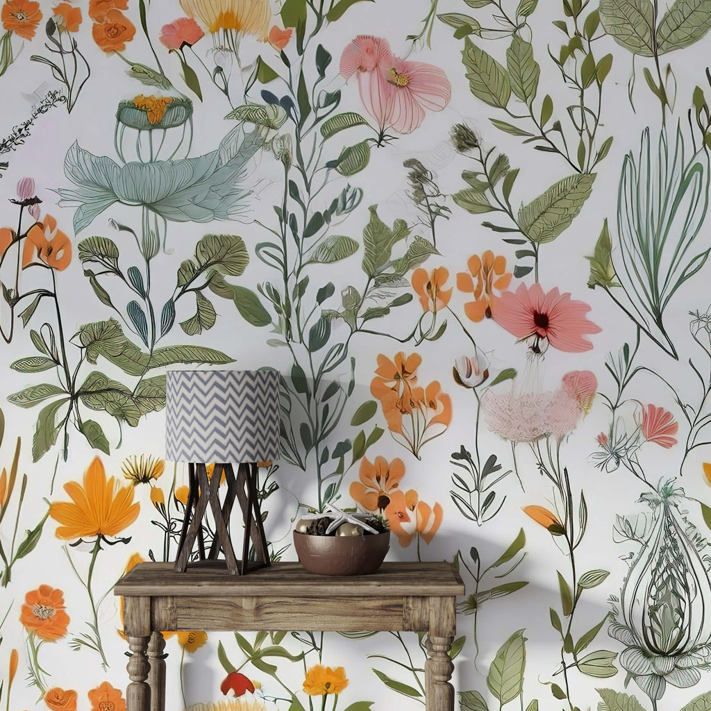 Wildflowers and Leaves Wallpaper : Bright Botanical Mural - View 4
