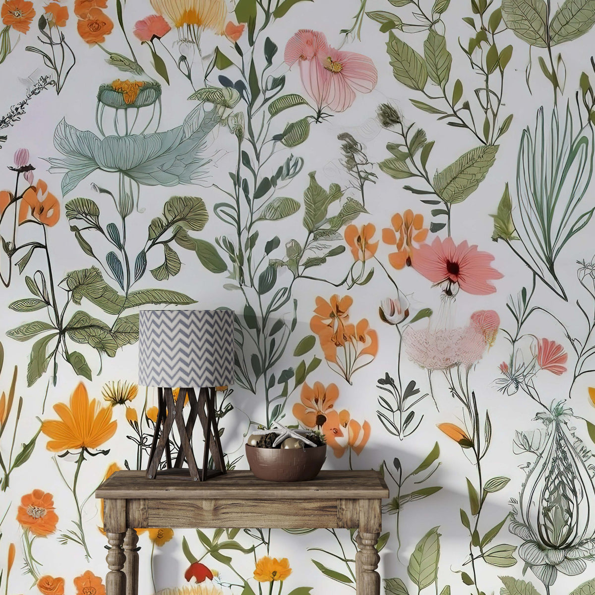 Wildflowers and Leaves Wallpaper : Bright Botanical Mural - View 4