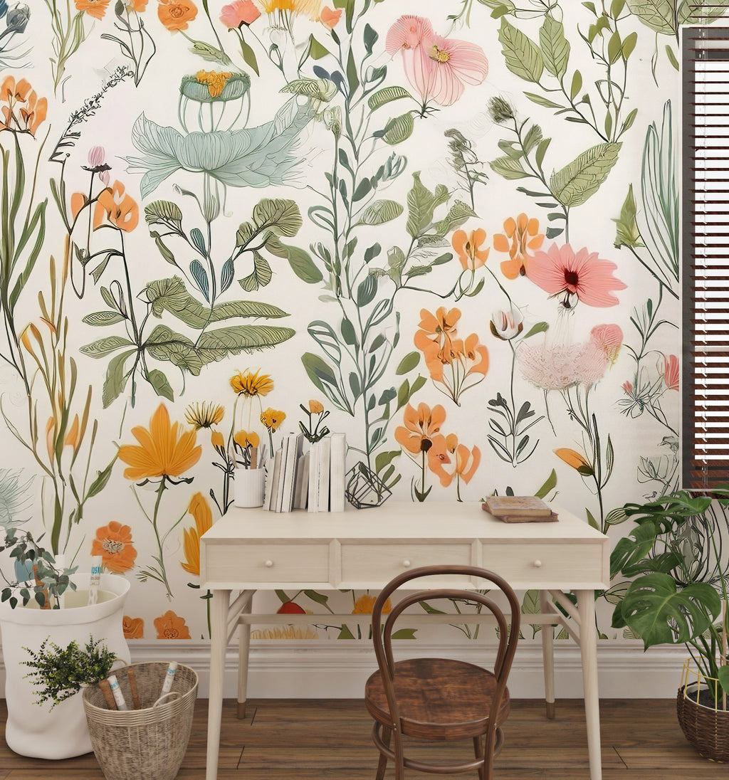 Wildflowers and Leaves Wallpaper : Bright Botanical Mural