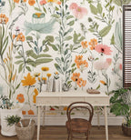 Wildflowers and Leaves Wallpaper : Bright Botanical Mural