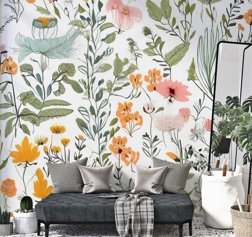 Wildflowers and Leaves Wallpaper : Bright Botanical Mural - View 6
