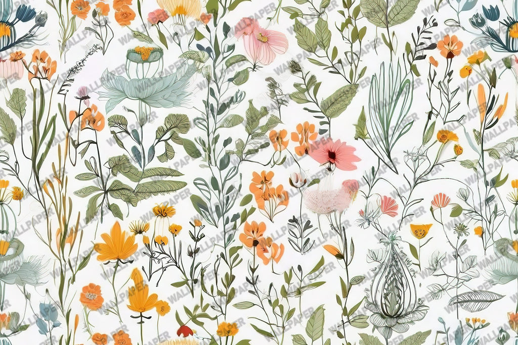 Wildflowers and Leaves Wallpaper : Bright Botanical Mural - View 2