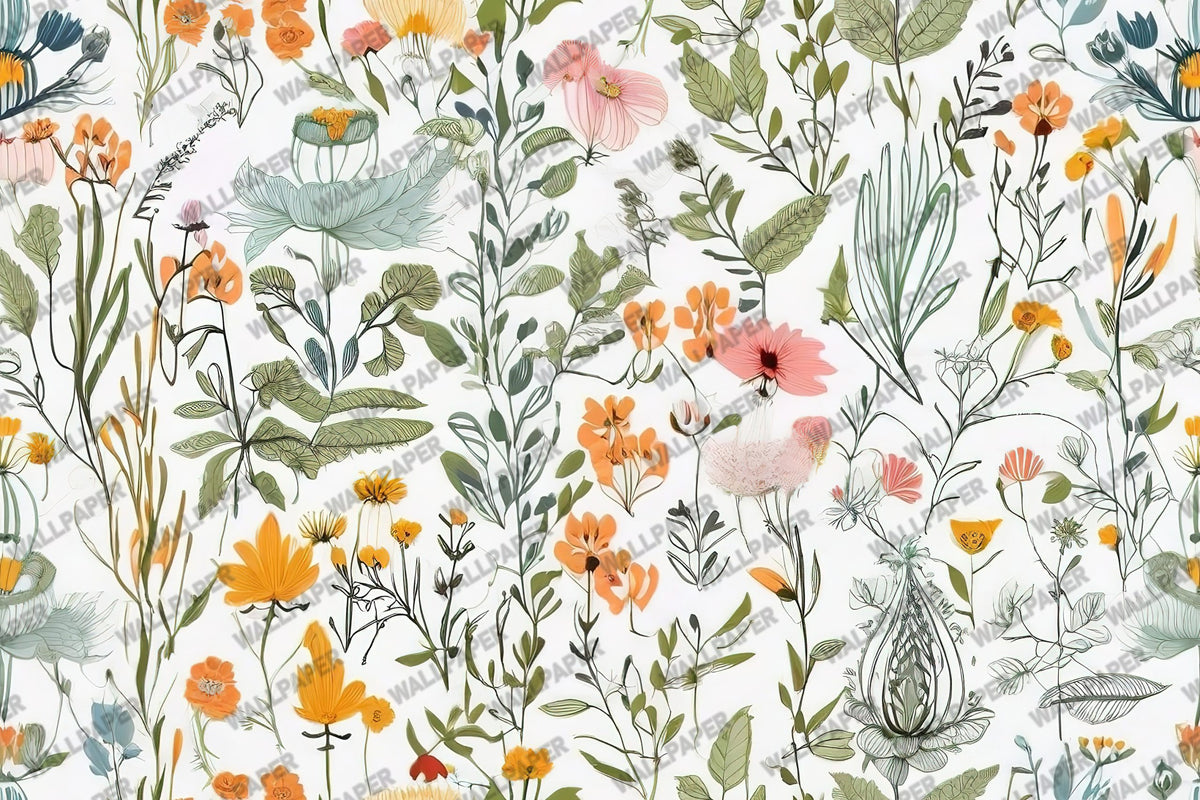 Wildflowers and Leaves Wallpaper : Bright Botanical Mural - View 2