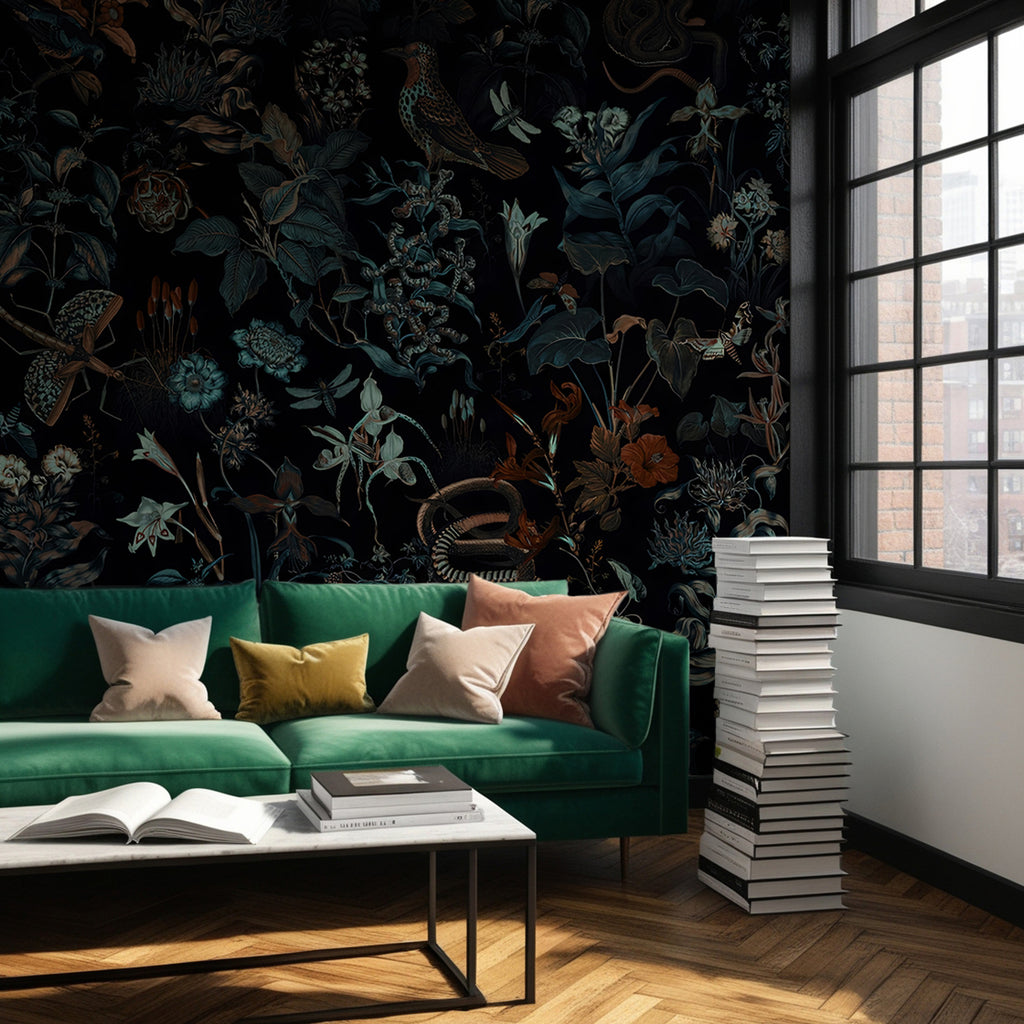 Dark Botanical Wallpaper : Nostalgic Flowers and Birds on Black Pattern Mural - View 2