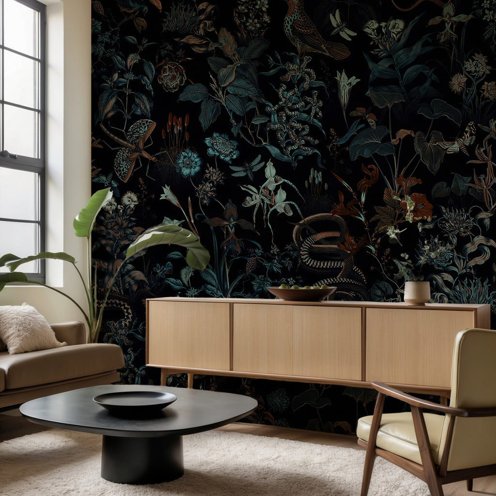 Dark Botanical Wallpaper : Nostalgic Flowers and Birds on Black Pattern Mural - View 3