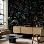 Dark Botanical Wallpaper : Nostalgic Flowers and Birds on Black Pattern Mural - View 3