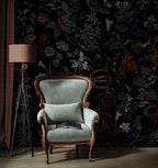 Dark Botanical Wallpaper : Nostalgic Flowers and Birds on Black Pattern Mural - View 4