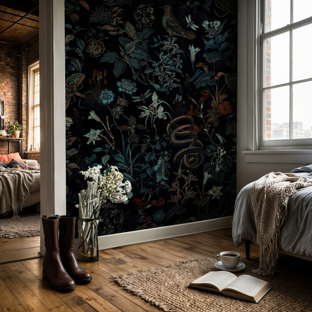 Dark Botanical Wallpaper : Nostalgic Flowers and Birds on Black Pattern Mural - View 5