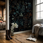 Dark Botanical Wallpaper : Nostalgic Flowers and Birds on Black Pattern Mural - View 5