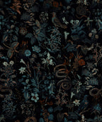 Dark Botanical Wallpaper : Nostalgic Flowers and Birds on Black Pattern Mural - flat design