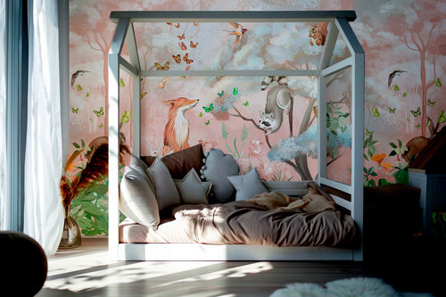 Pink Woodland Animals Wallpaper : Fox and Heron Nursery Mural