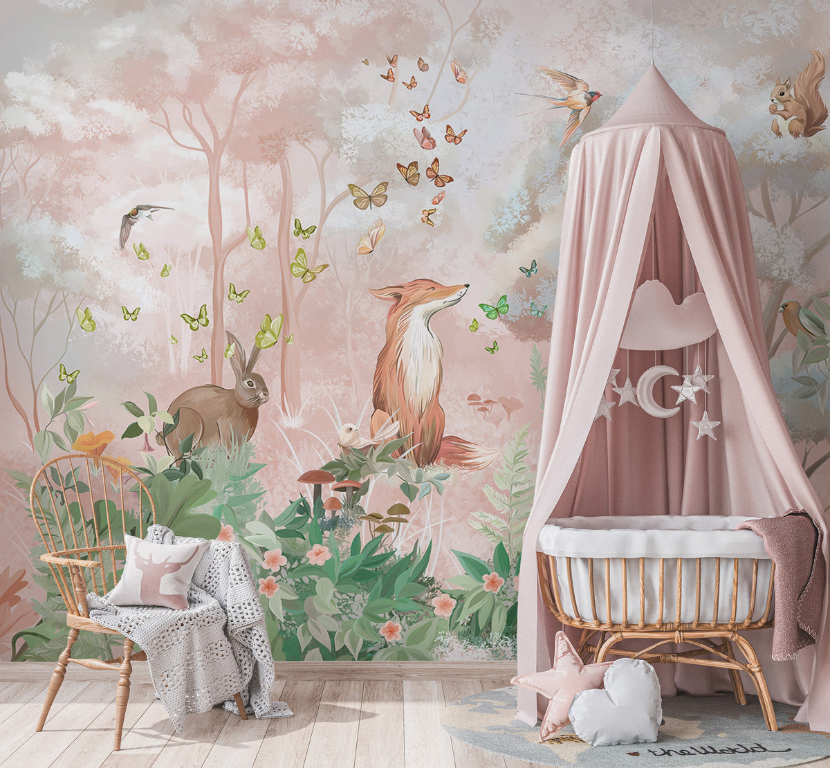 Pink Woodland Animals Wallpaper : Fox and Heron Nursery Mural - View 4