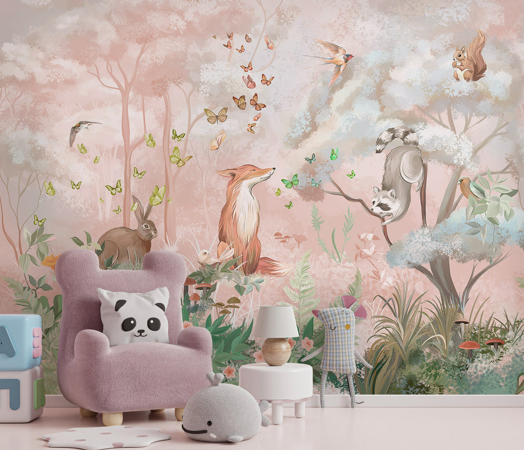 Pink Woodland Animals Wallpaper : Fox and Heron Nursery Mural - View 5