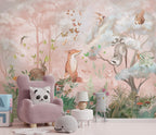 Pink Woodland Animals Wallpaper : Fox and Heron Nursery Mural - View 5