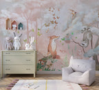 Pink Woodland Animals Wallpaper : Fox and Heron Nursery Mural - View 3