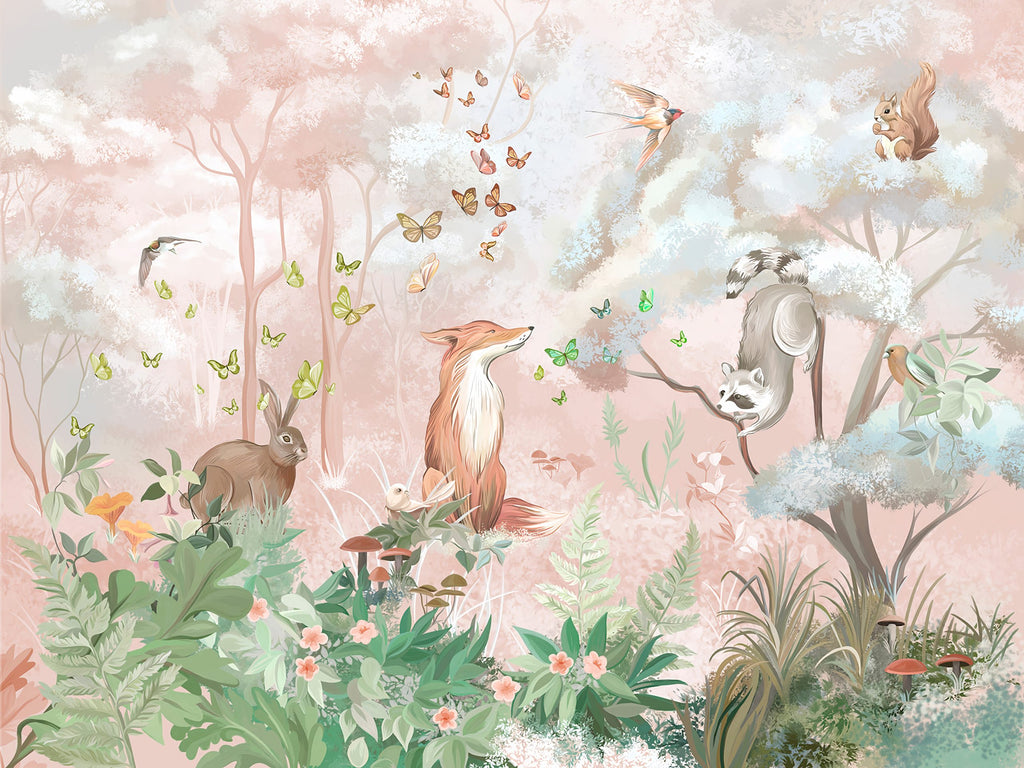 Pink Woodland Animals Wallpaper : Fox and Heron Nursery Mural - View 2