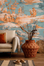 Blue Toile Adventure Wallpaper : Orange and Sky Blue Scenic Pattern Mural - View 2