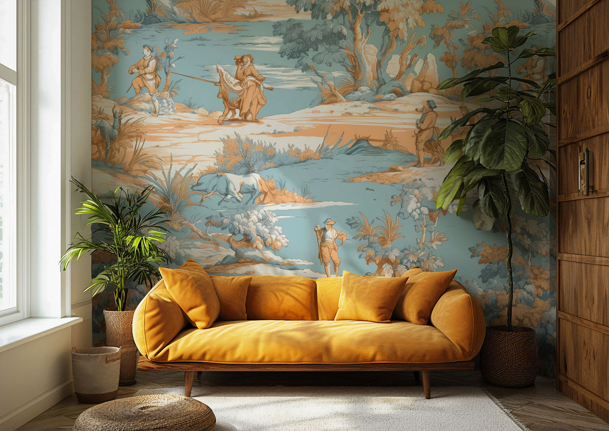 Blue Toile Adventure Wallpaper : Orange and Sky Blue Scenic Pattern Mural - View 3