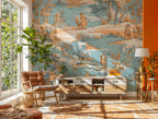 Blue Toile Adventure Wallpaper : Orange and Sky Blue Scenic Pattern Mural - View 4