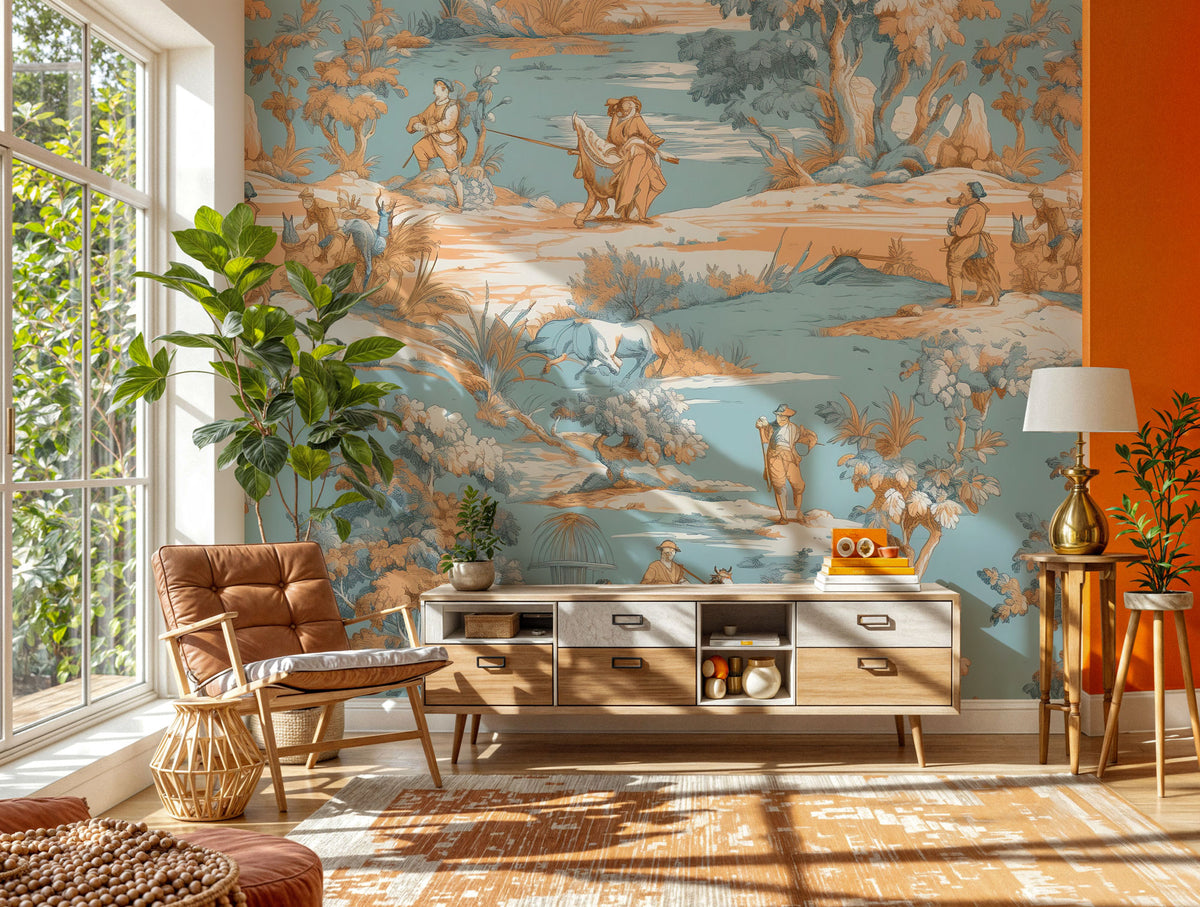 Blue Toile Adventure Wallpaper : Orange and Sky Blue Scenic Pattern Mural - View 4