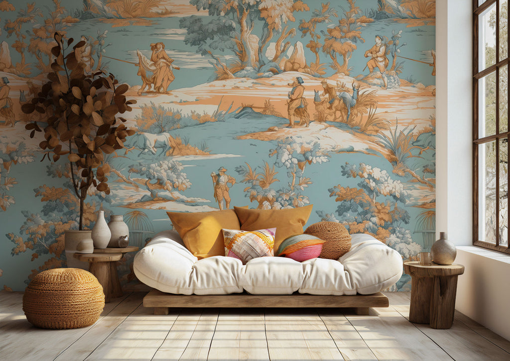 Blue Toile Adventure Wallpaper : Orange and Sky Blue Scenic Pattern Mural - View 5