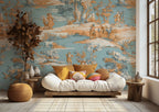 Blue Toile Adventure Wallpaper : Orange and Sky Blue Scenic Pattern Mural - View 5
