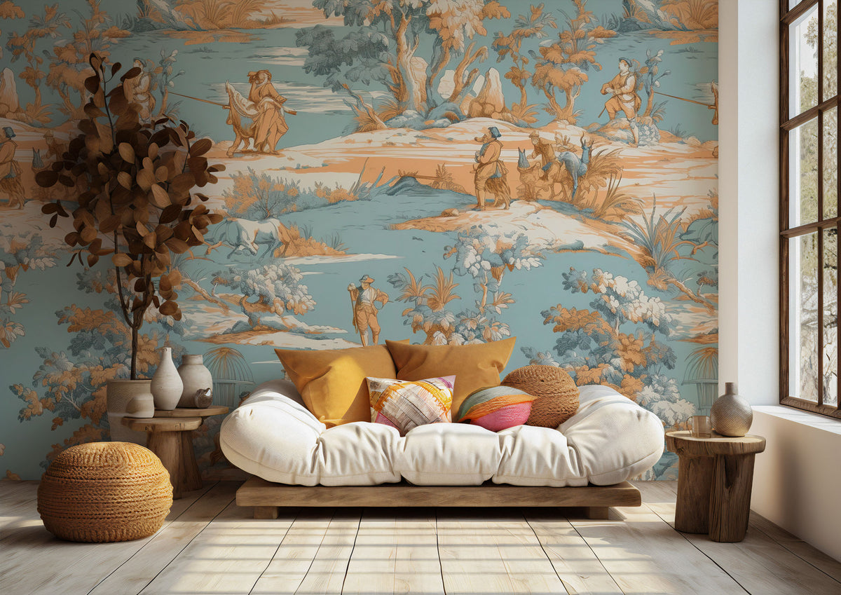Blue Toile Adventure Wallpaper : Orange and Sky Blue Scenic Pattern Mural - View 5